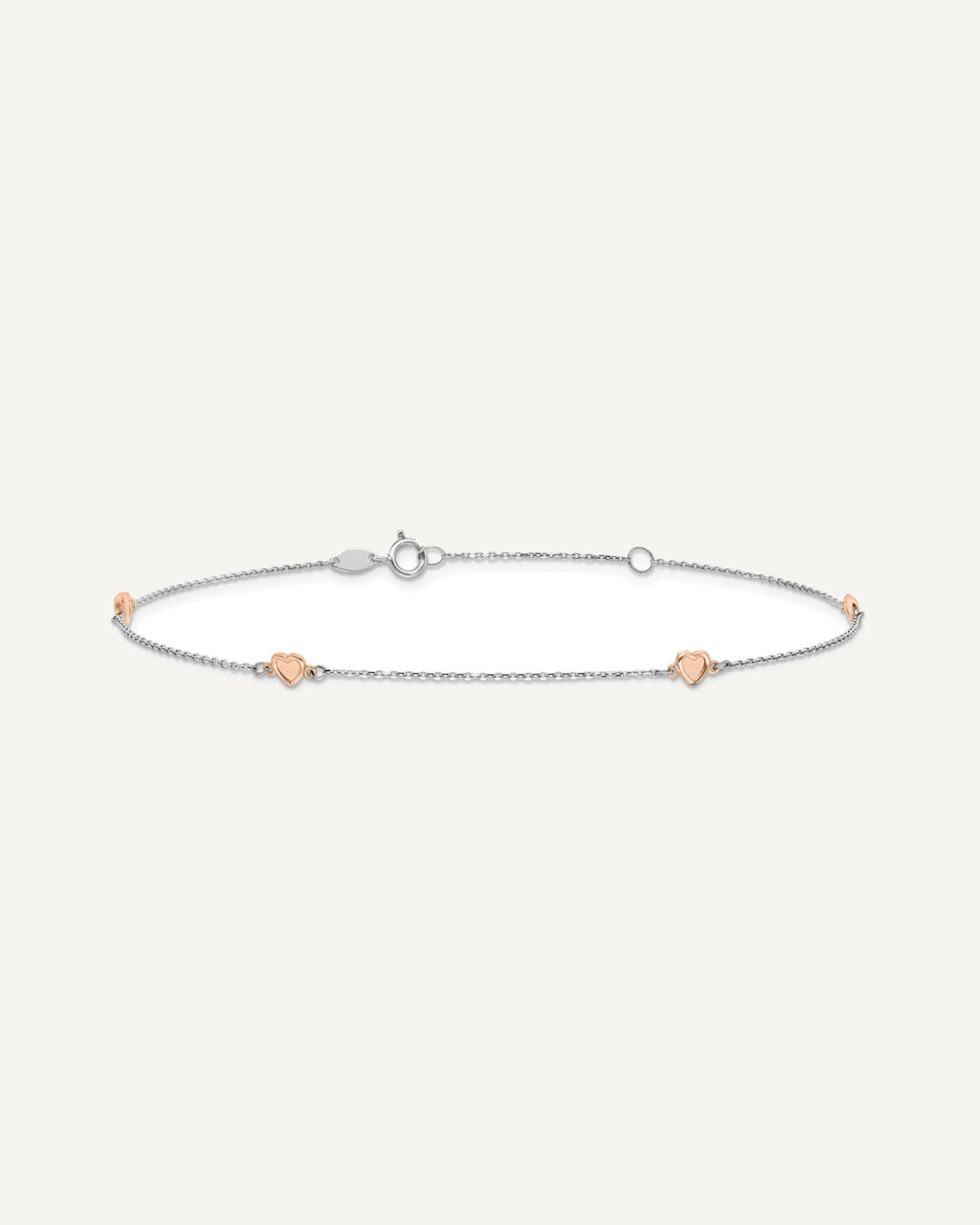 14K Two-tone White and Rose Satin Hearts 4-Station 9 inch Plus 1 inch Extender - Total 10 inch Anklet – View 3