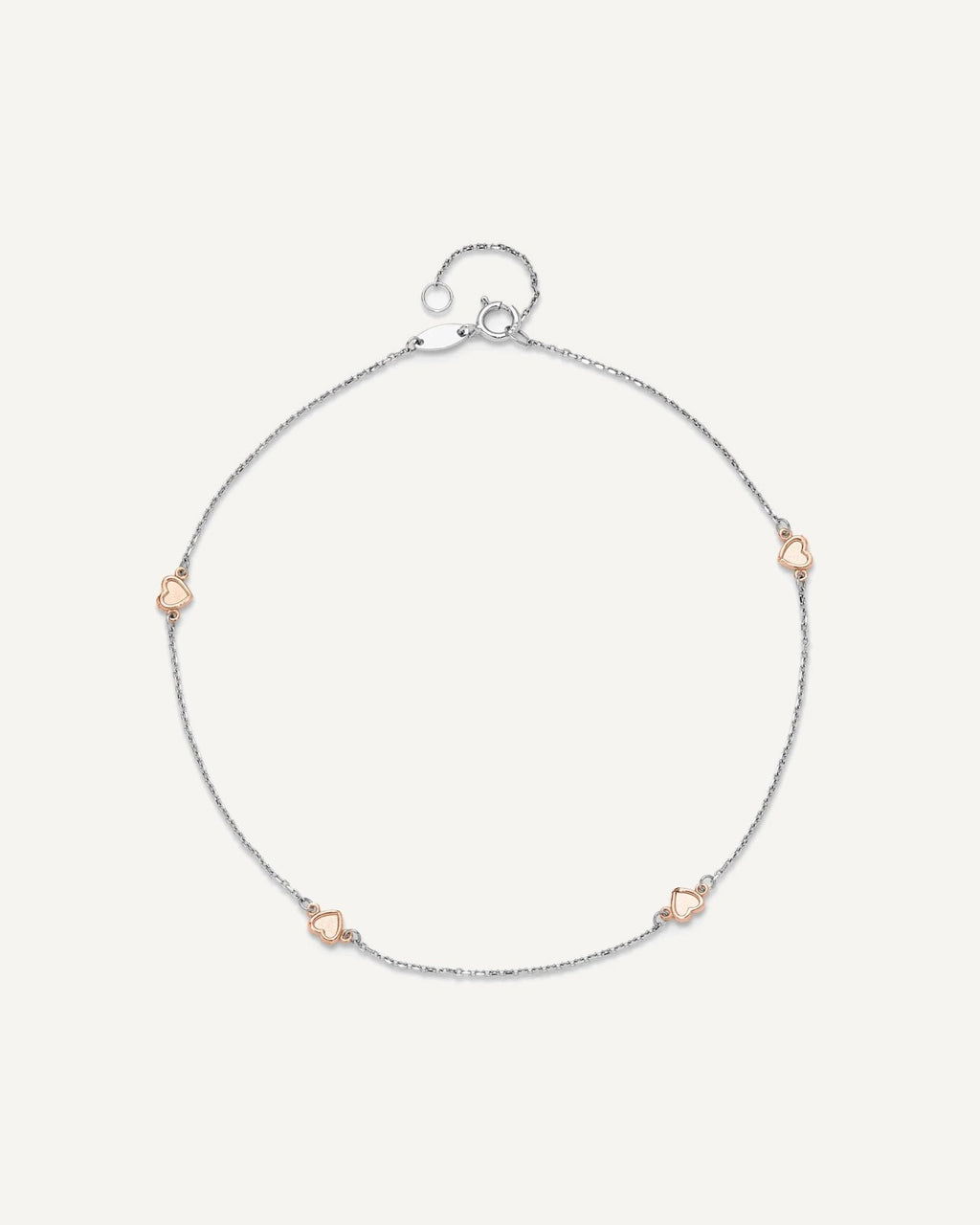 14K Two-tone White and Rose Satin Hearts 4-Station 9 inch Plus 1 inch Extender - Total 10 inch Anklet – View 4