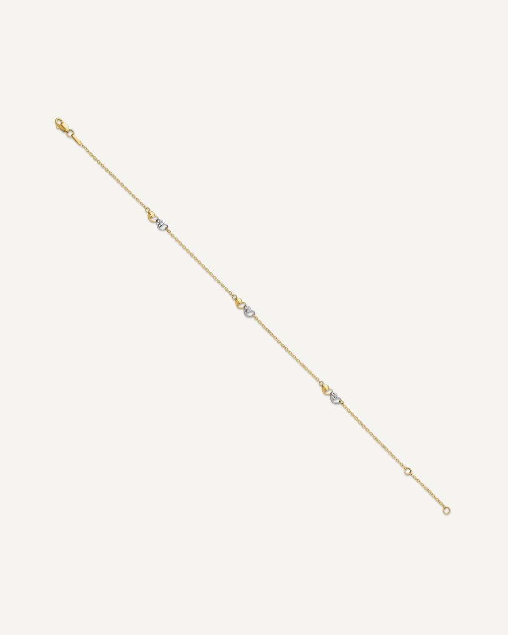 14k Two-tone Diamond-cut Double Hearts 3-Station 9 inch Plus 1 inch Extender - Total 10 inch Anklet – View 2