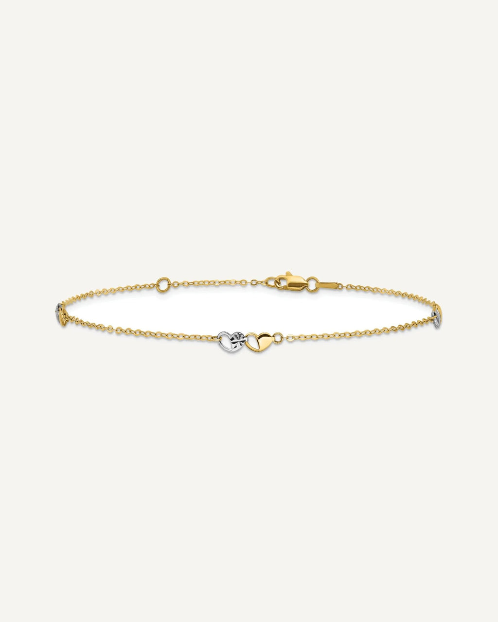 14k Two-tone Diamond-cut Double Hearts 3-Station 9 inch Plus 1 inch Extender - Total 10 inch Anklet – View 3
