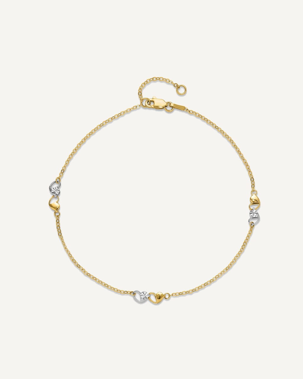 14k Two-tone Diamond-cut Double Hearts 3-Station 9 inch Plus 1 inch Extender - Total 10 inch Anklet – View 4