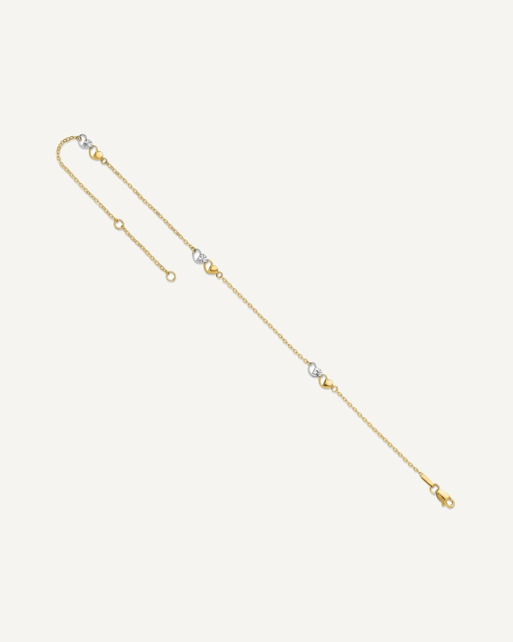 14k Two-tone Diamond-cut Double Hearts 3-Station 9 inch Plus 1 inch Extender - Total 10 inch Anklet – View 5