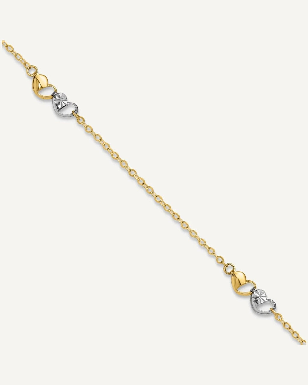 14k Two-tone Diamond-cut Double Hearts 3-Station 9 inch Plus 1 inch Extender - Total 10 inch Anklet – View 1