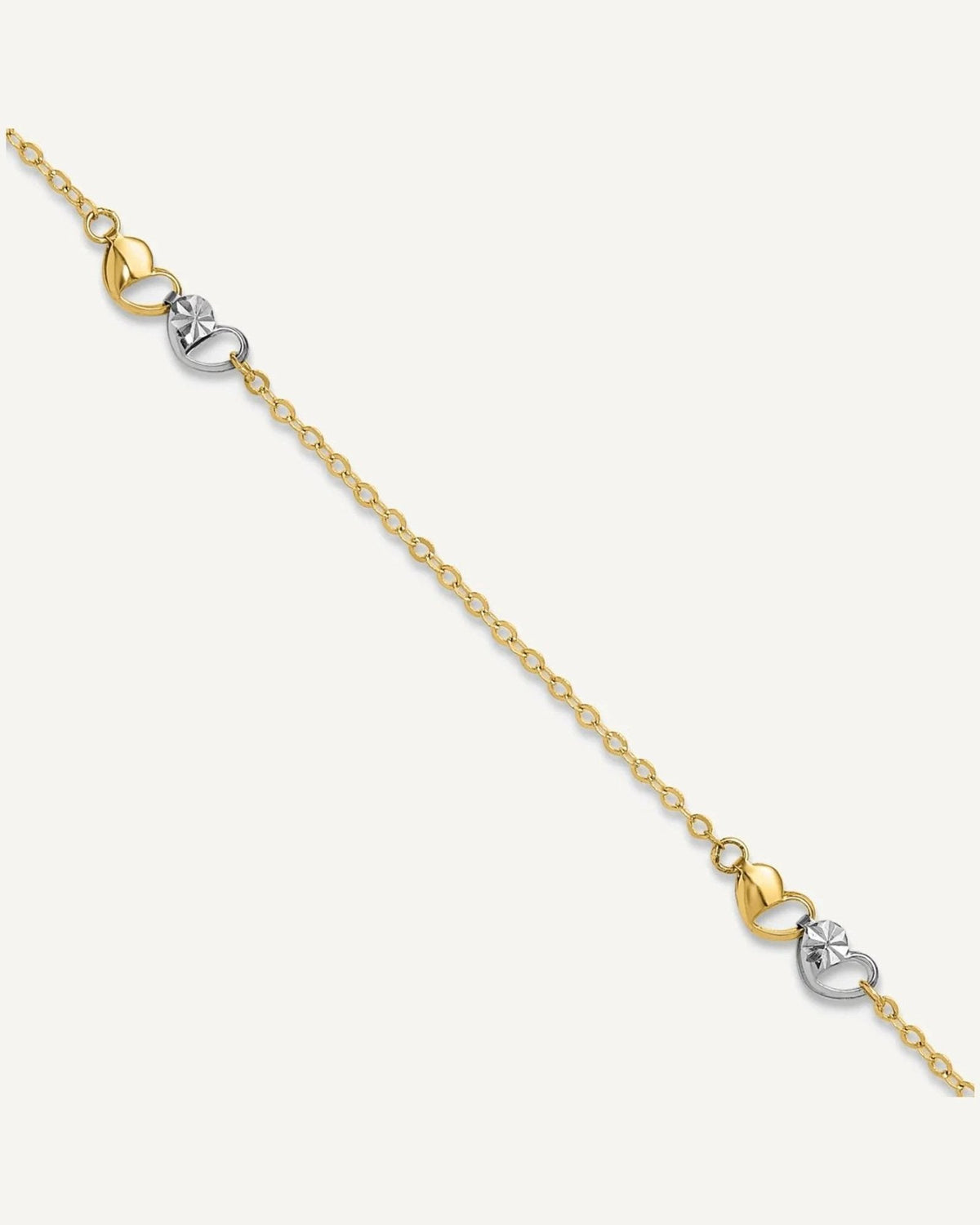14k Two-tone Diamond-cut Double Hearts 3-Station 9 inch Plus 1 inch Extender - Total 10 inch Anklet – View 1