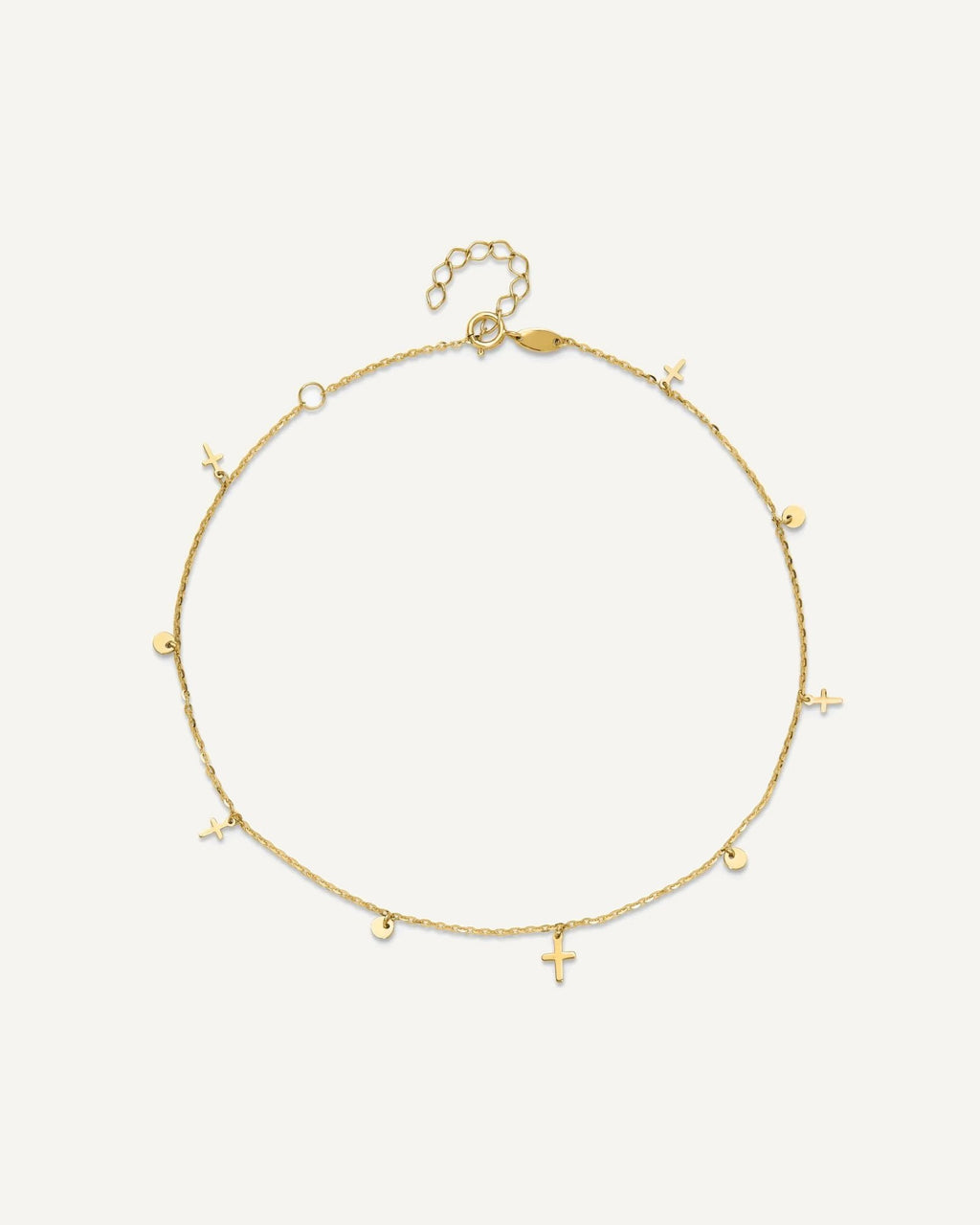 14K Polished Dangle Crosses and Circles 9 inch Plus 2 in Extender - Total 11 inch Anklet – View 3