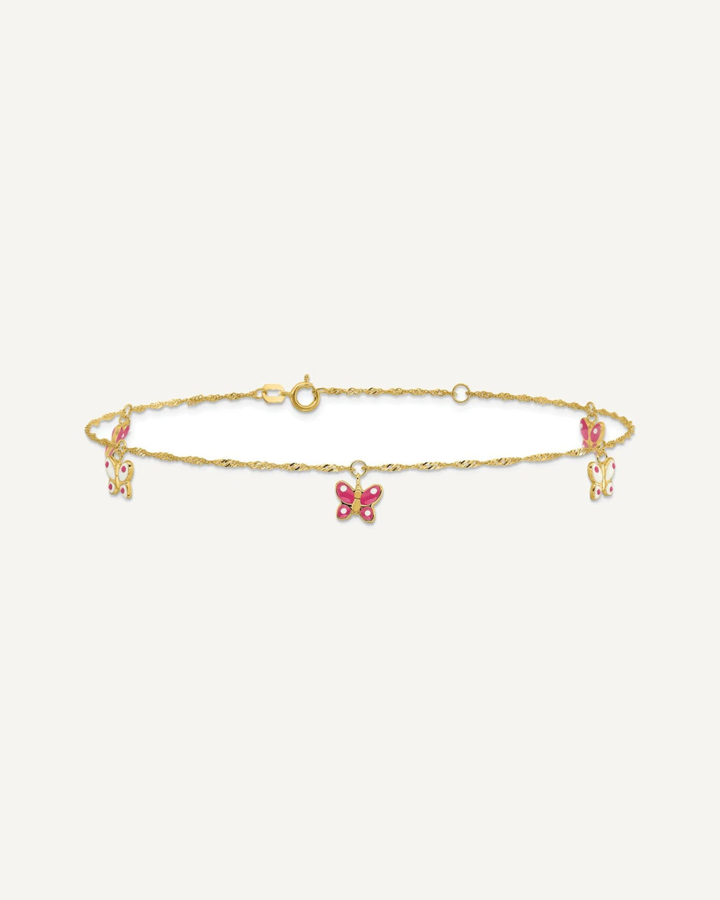 14k Pink and White Enameled Butterfly Dangles 9 inch Plus 1 inch Extender - Total 10 inch Anklet – View 3