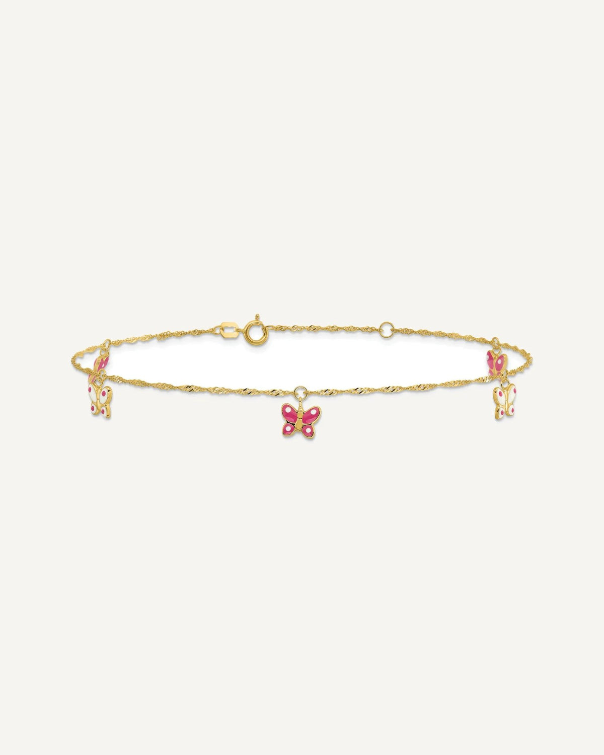 14k Pink and White Enameled Butterfly Dangles 9 inch Plus 1 inch Extender - Total 10 inch Anklet – View 3