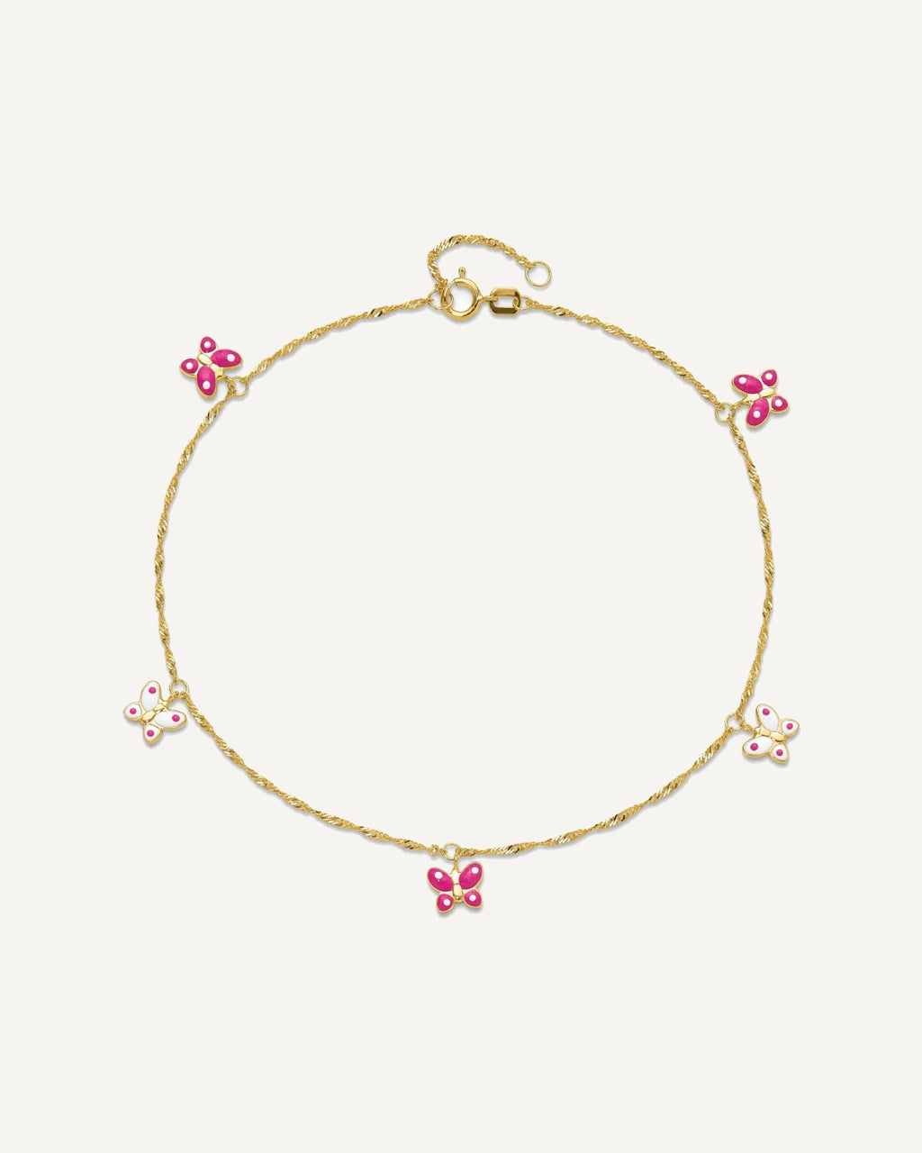 14k Pink and White Enameled Butterfly Dangles 9 inch Plus 1 inch Extender - Total 10 inch Anklet – View 5