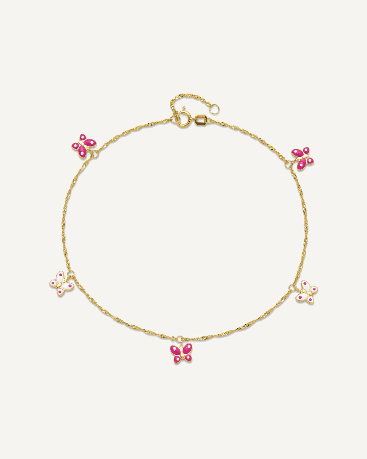 14k Pink and White Enameled Butterfly Dangles 9 inch Plus 1 inch Extender - Total 10 inch Anklet – View 5