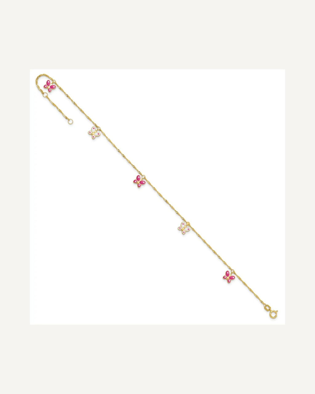 14k Pink and White Enameled Butterfly Dangles 9 inch Plus 1 inch Extender - Total 10 inch Anklet – View 7