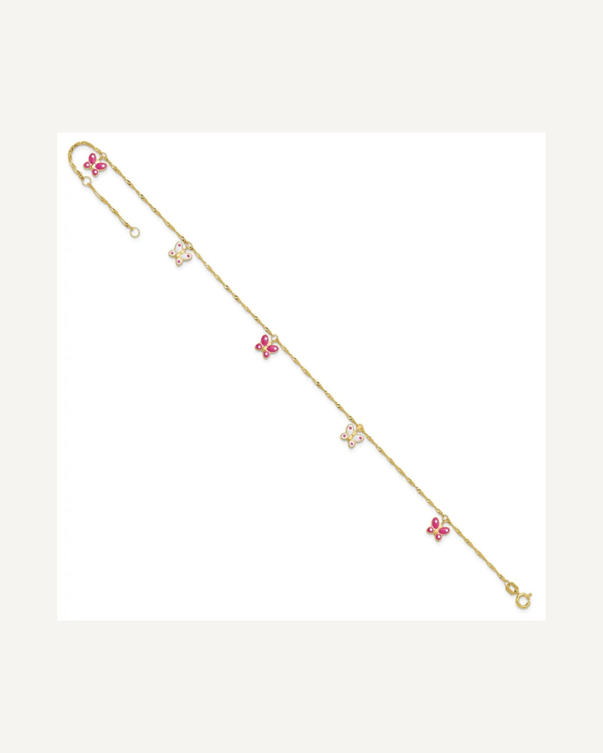 14k Pink and White Enameled Butterfly Dangles 9 inch Plus 1 inch Extender - Total 10 inch Anklet – View 7