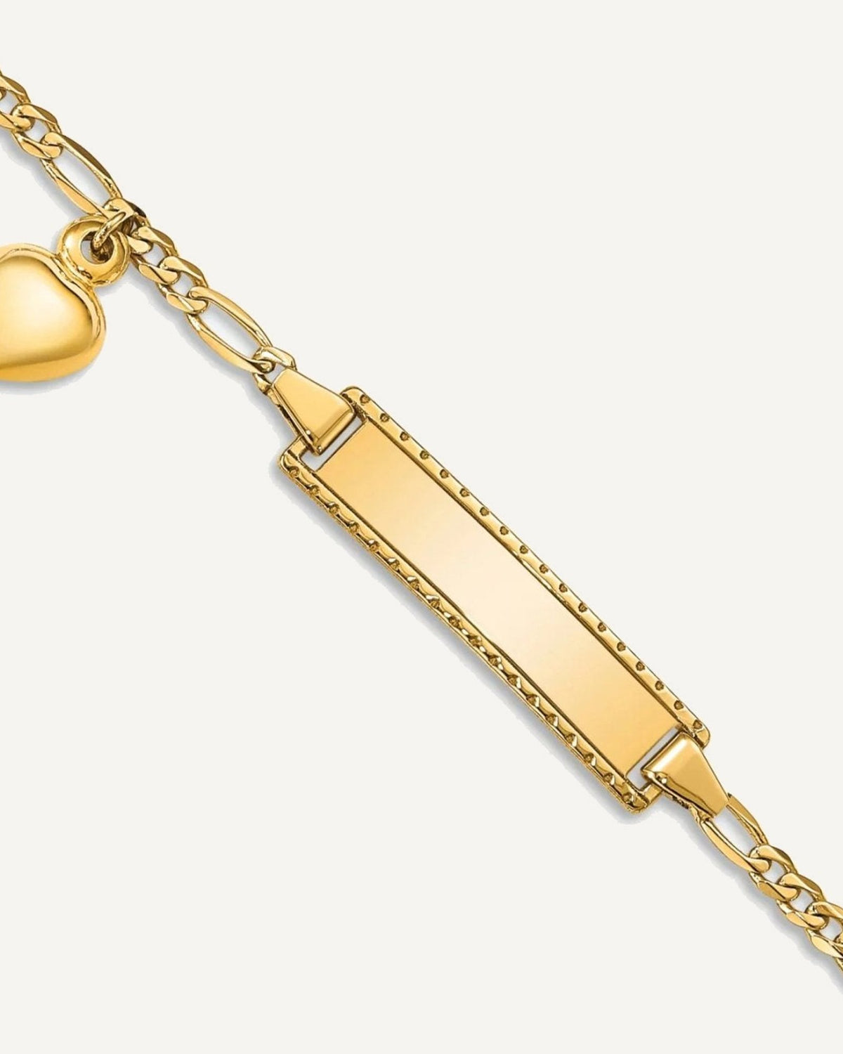 14k Polished Solid Chain/Solid Plate Heart Dangle Figaro Link 21x6mm Plate 6 inch ID Bracelet – View 1