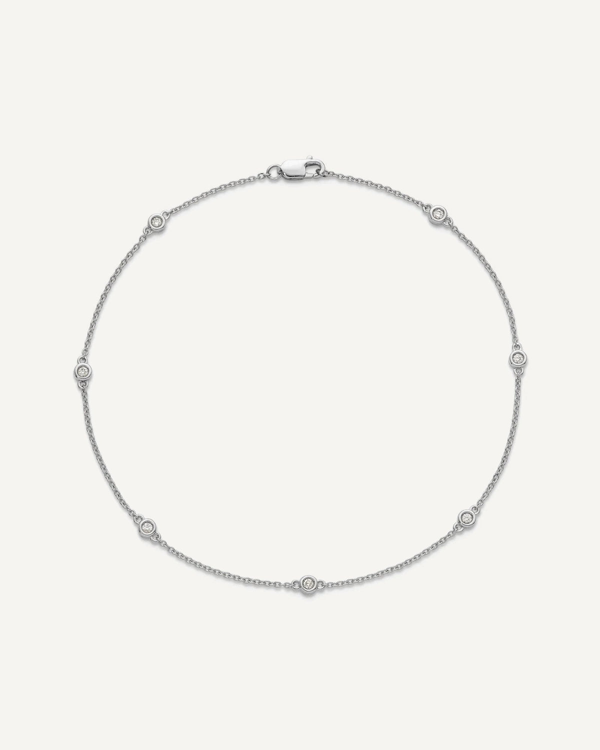 14k White Gold Complete 1/8 carat Bezel-set Diamond and Cable Chain 7-Station 9 inch Anklet – View 5