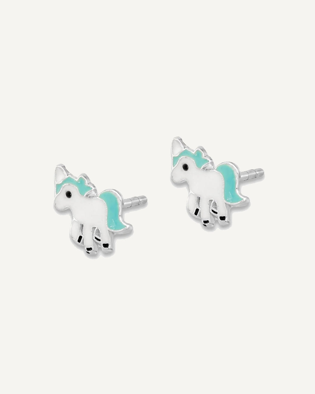 Sterling Silver Rhodium-plated Polished Enameled Blue and White Unicorn Petite Post Earrings – View 2