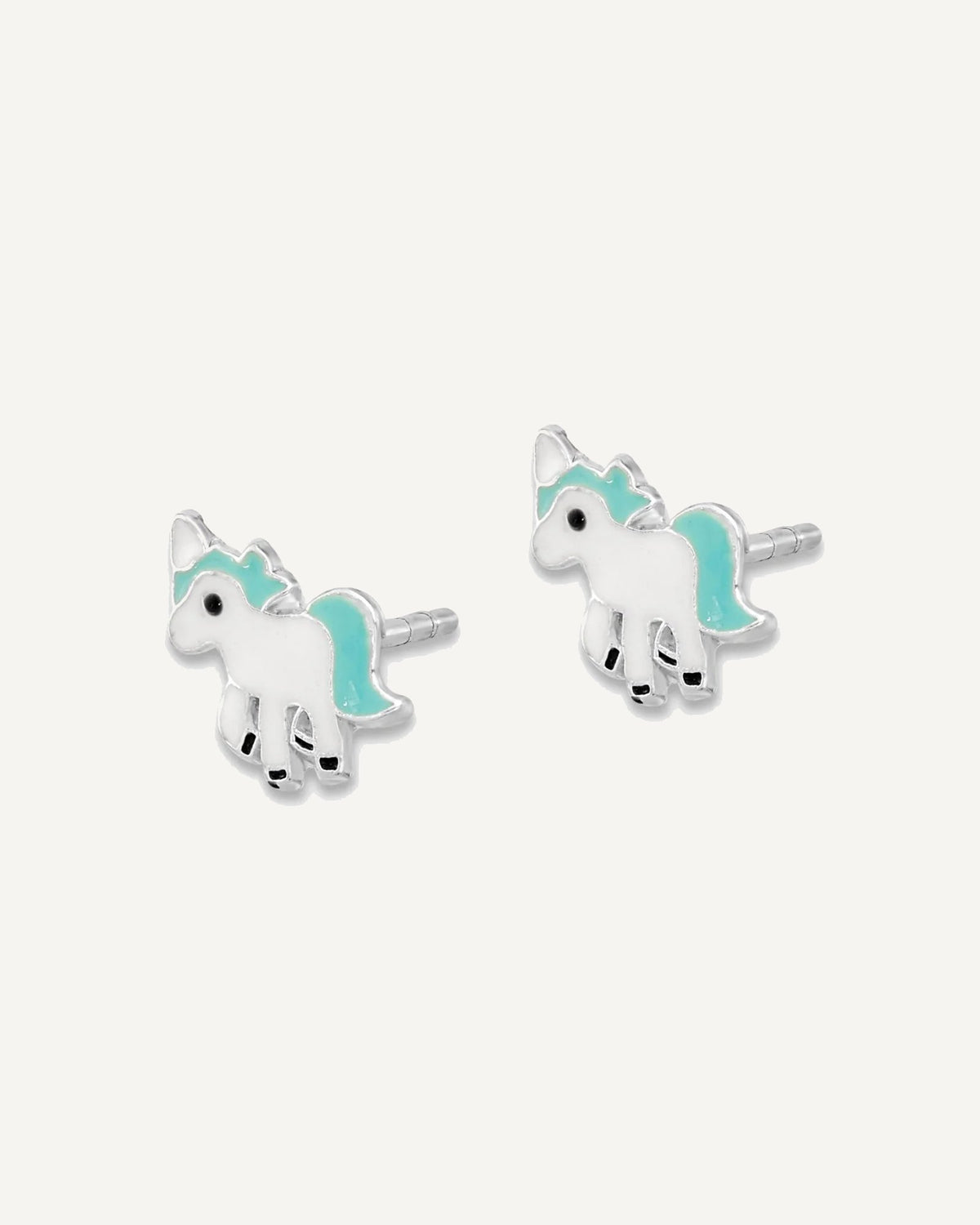 Sterling Silver Rhodium-plated Polished Enameled Blue and White Unicorn Petite Post Earrings – View 2