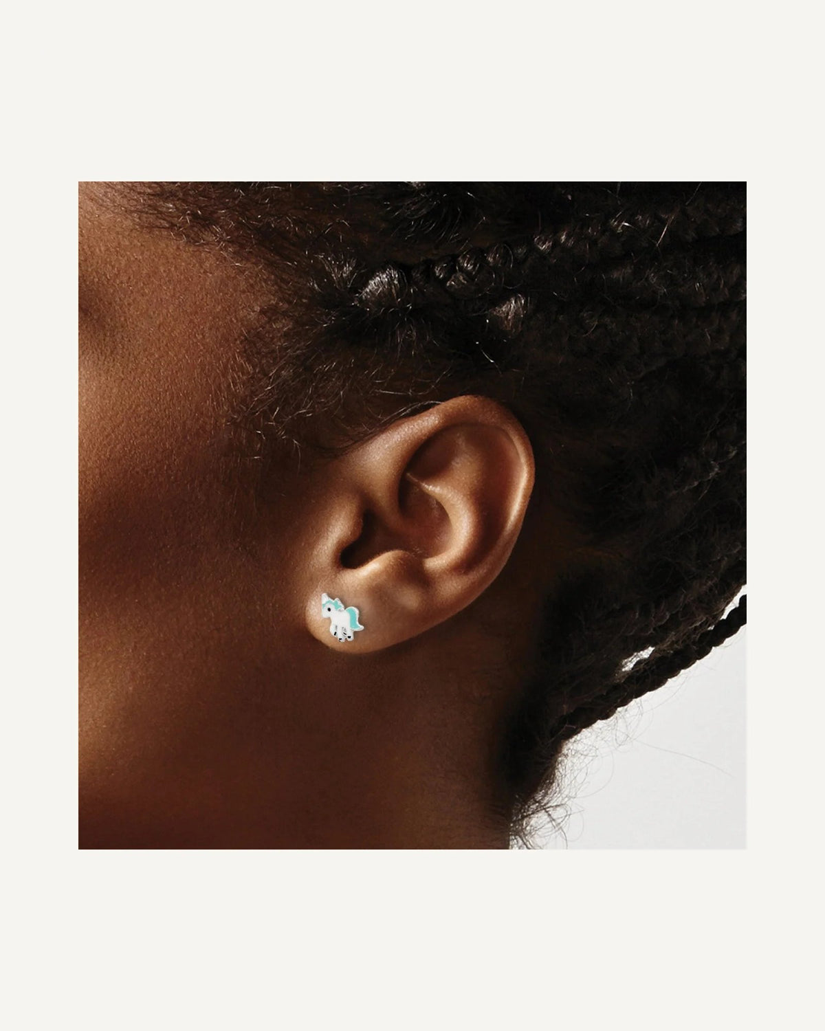 Sterling Silver Rhodium-plated Polished Enameled Blue and White Unicorn Petite Post Earrings – View 3