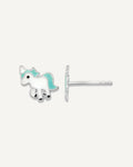 Sterling Silver Rhodium-plated Polished Enameled Blue and White Unicorn Petite Post Earrings – View 1