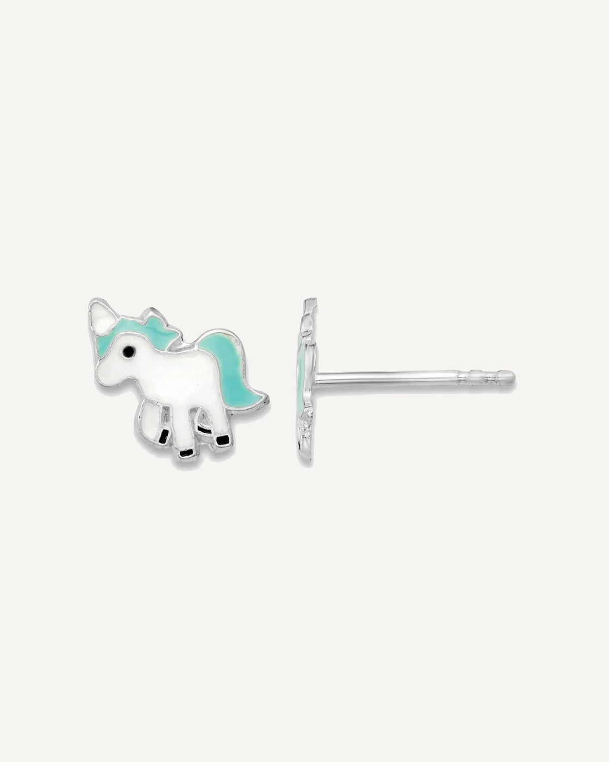 Sterling Silver Rhodium-plated Polished Enameled Blue and White Unicorn Petite Post Earrings – View 1