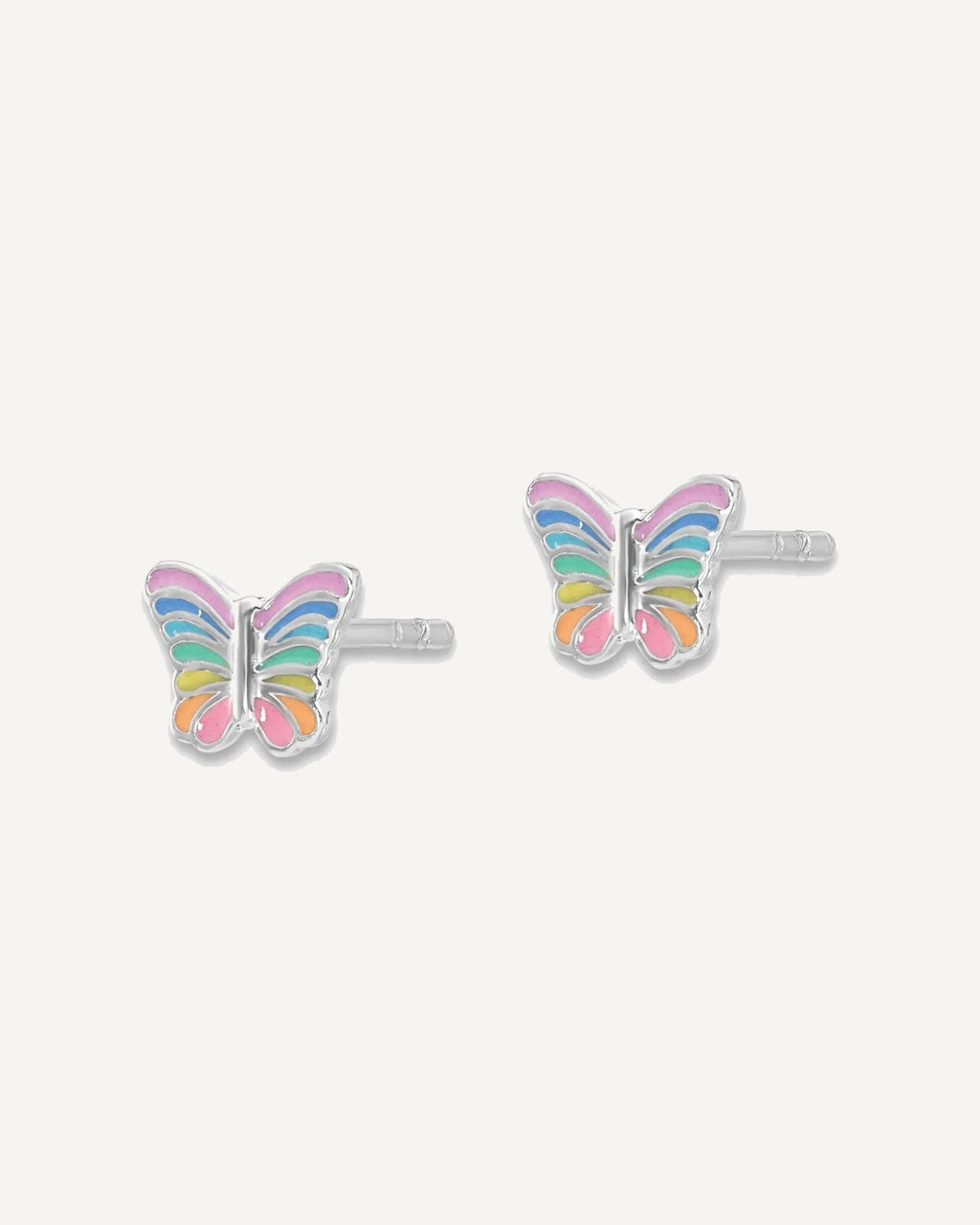 Sterling Silver Rhodium-plated Rainbow Pastel Enamel Butterfly Post Earrings – View 2