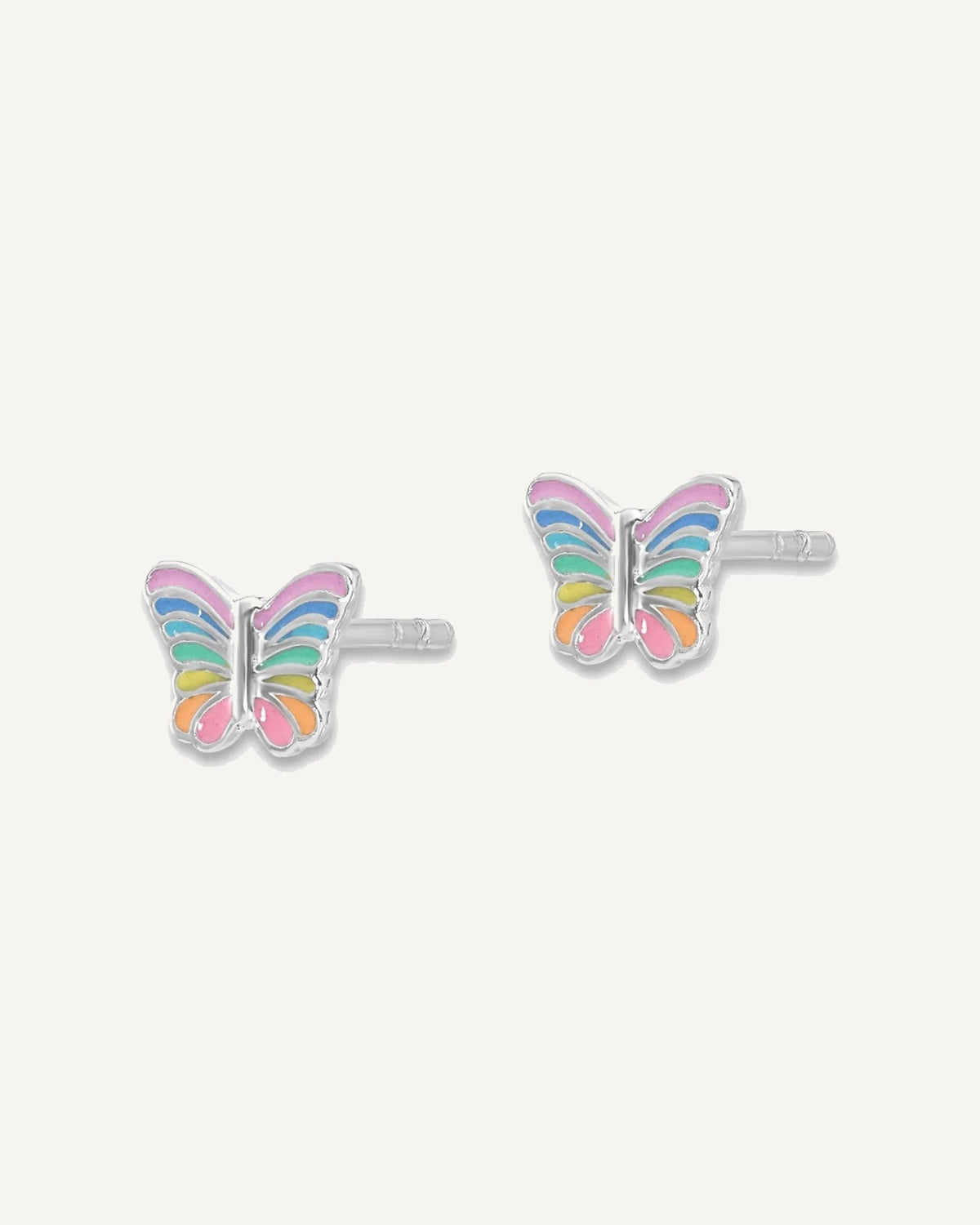 Sterling Silver Rhodium-plated Rainbow Pastel Enamel Butterfly Post Earrings – View 2