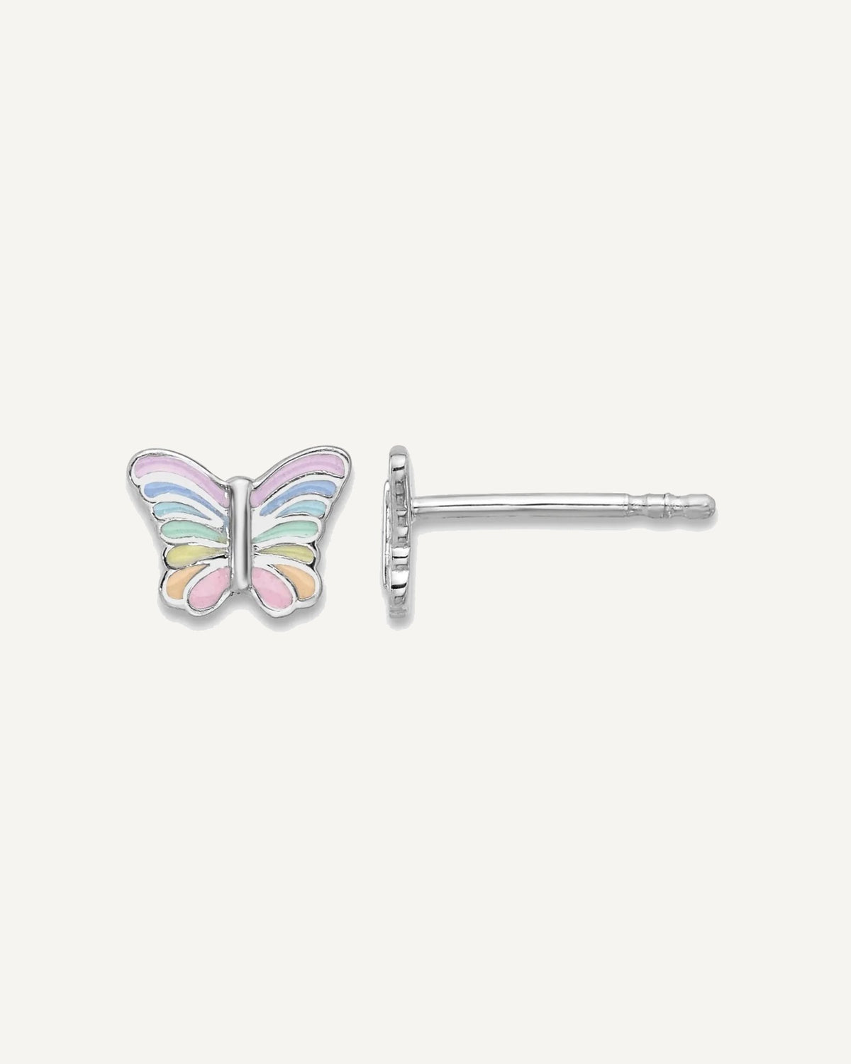 Sterling Silver Rhodium-plated Rainbow Pastel Enamel Butterfly Post Earrings – View 1