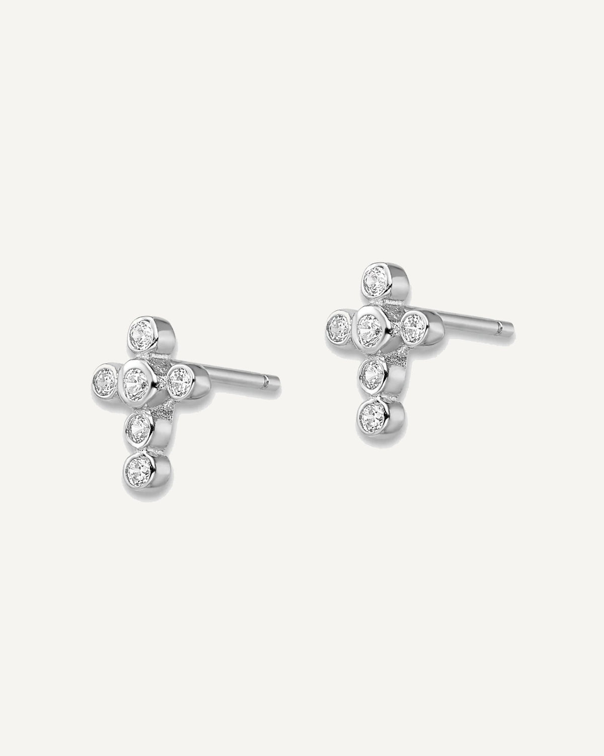 Sterling Silver Rhodium-plated Polished Bezel CZ Cross Petite Post Earrings – View 2