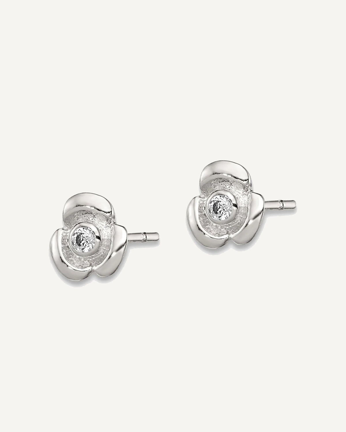 Sterling Silver Polished Flower with CZ Petite Post Earrings – View 2