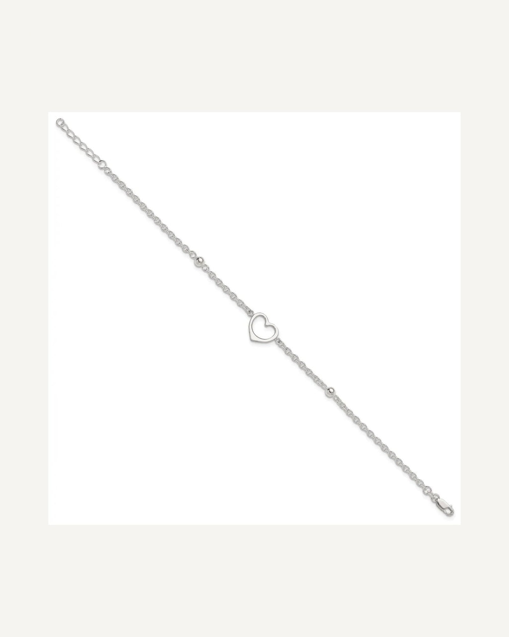 Sterling Silver Open Heart and Bead 9 inch Plus 1 inch Extender - Total 10 inch Anklet – View 2