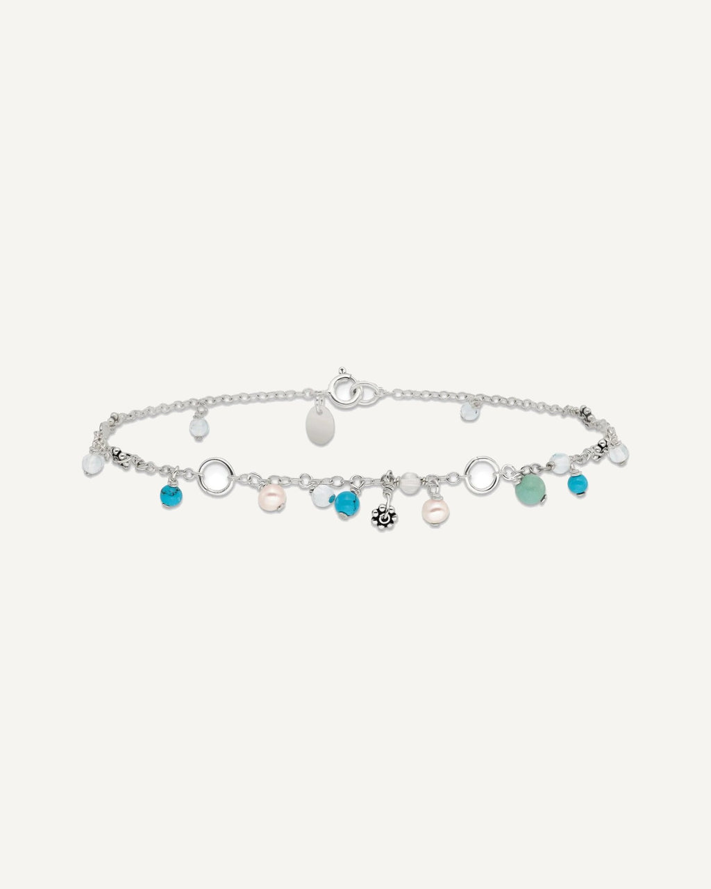 Sterling Silver Turquoise/Clear Bead/FW Cultured Pearl Anklet – View 5