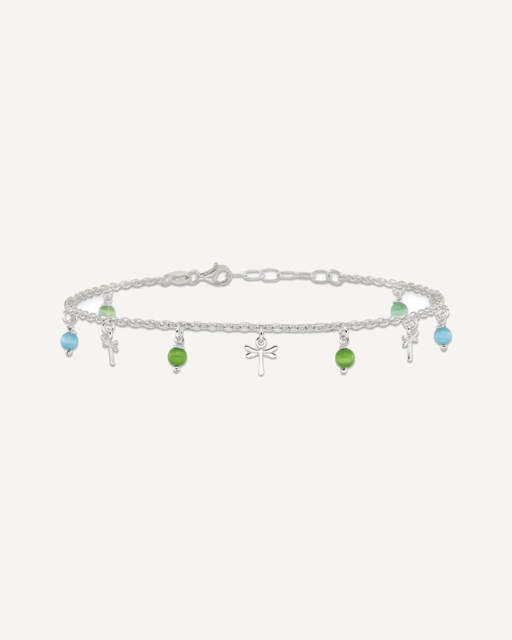 Sterling Silver Dragonfly with Aqua and Green Beads 10 inch Plus 1 inch Extender - Total 11 inch Anklet – View 2