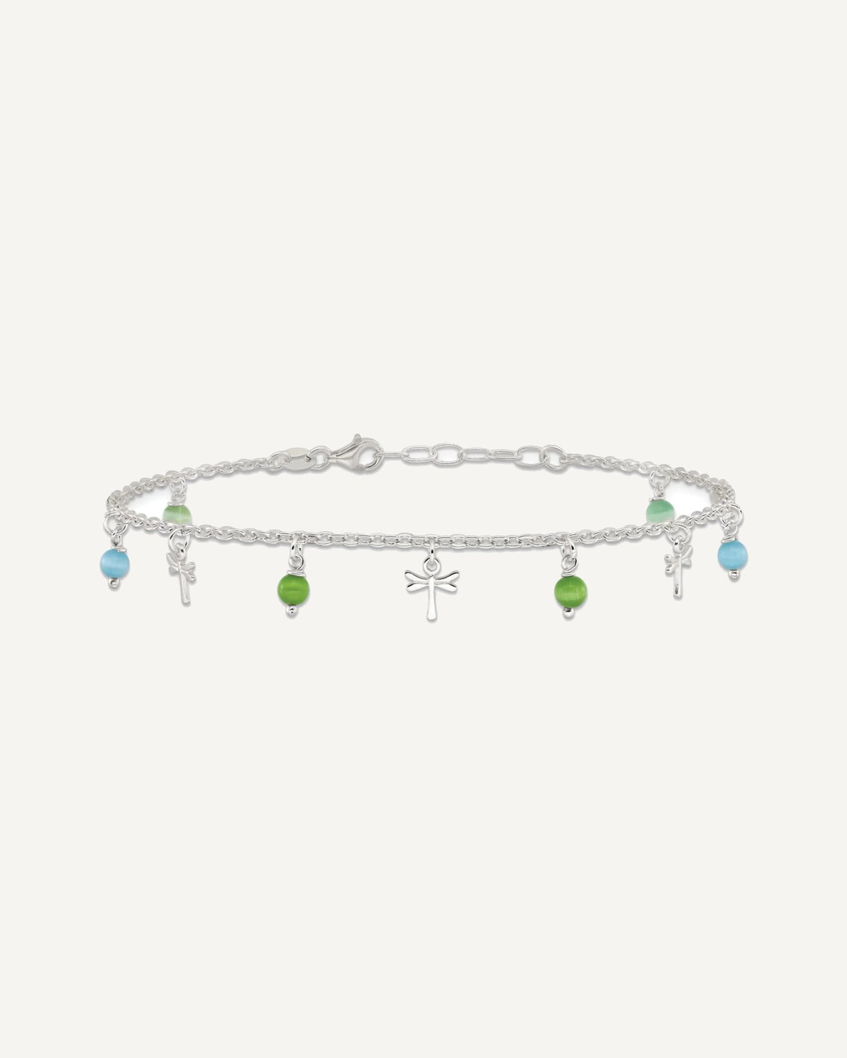 Sterling Silver Dragonfly with Aqua and Green Beads 10 inch Plus 1 inch Extender - Total 11 inch Anklet – View 2