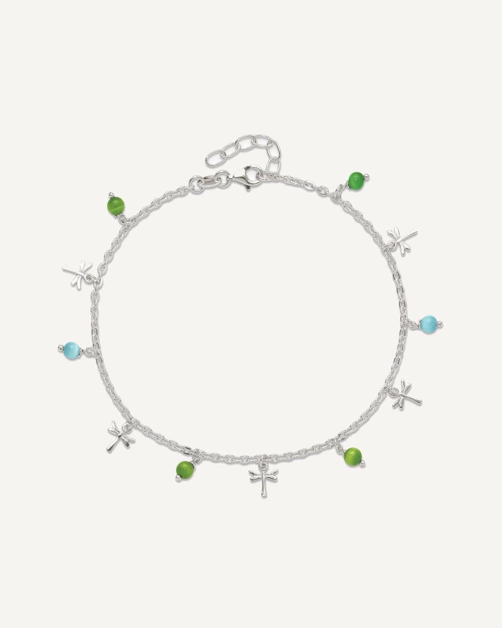 Sterling Silver Dragonfly with Aqua and Green Beads 10 inch Plus 1 inch Extender - Total 11 inch Anklet – View 3