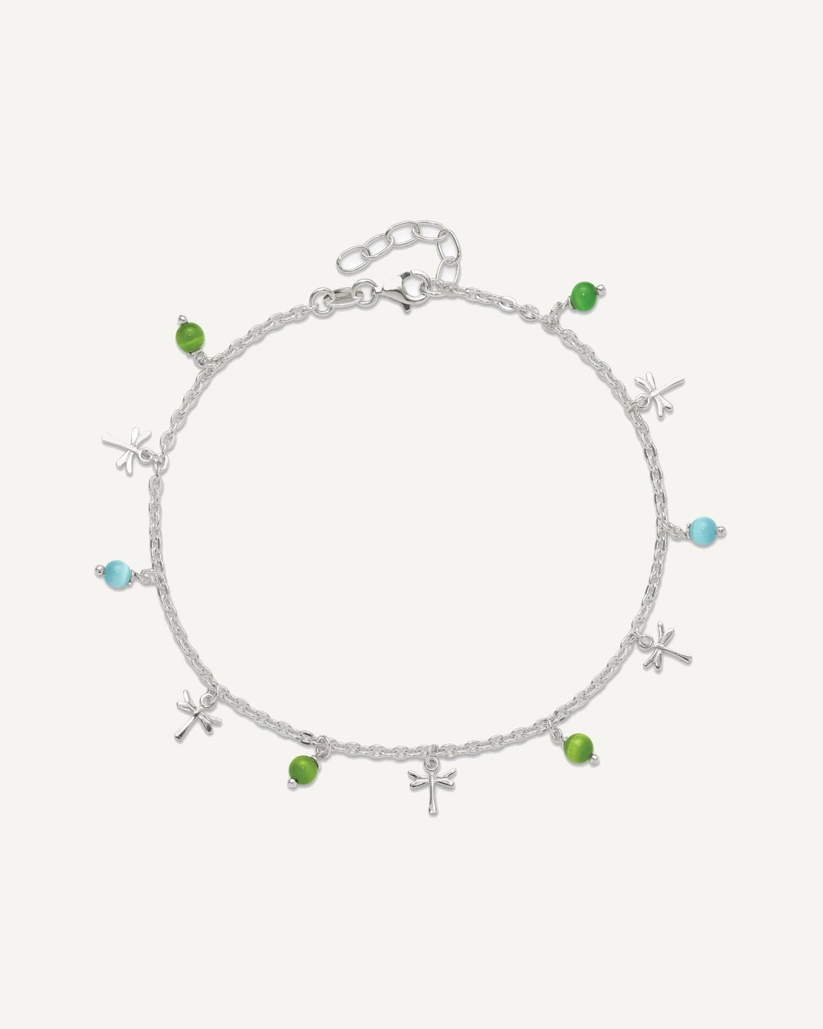 Sterling Silver Dragonfly with Aqua and Green Beads 10 inch Plus 1 inch Extender - Total 11 inch Anklet – View 3