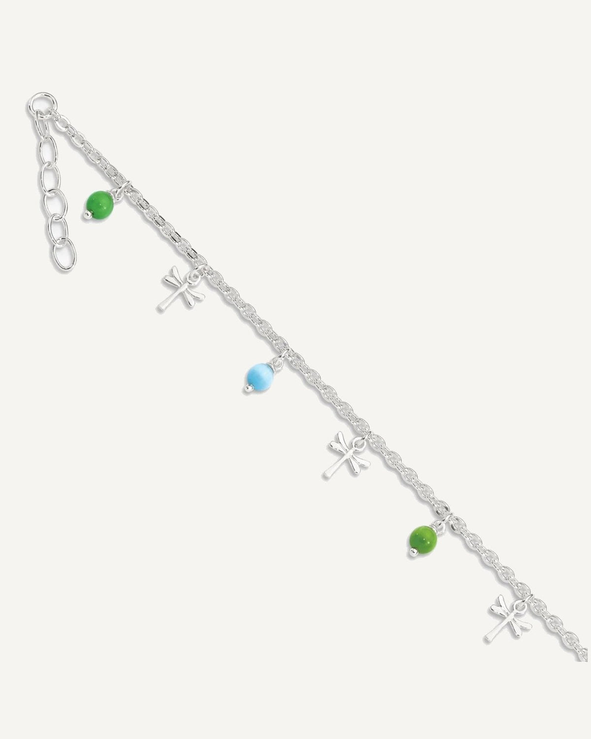 Sterling Silver Dragonfly with Aqua and Green Beads 10 inch Plus 1 inch Extender - Total 11 inch Anklet – View 1