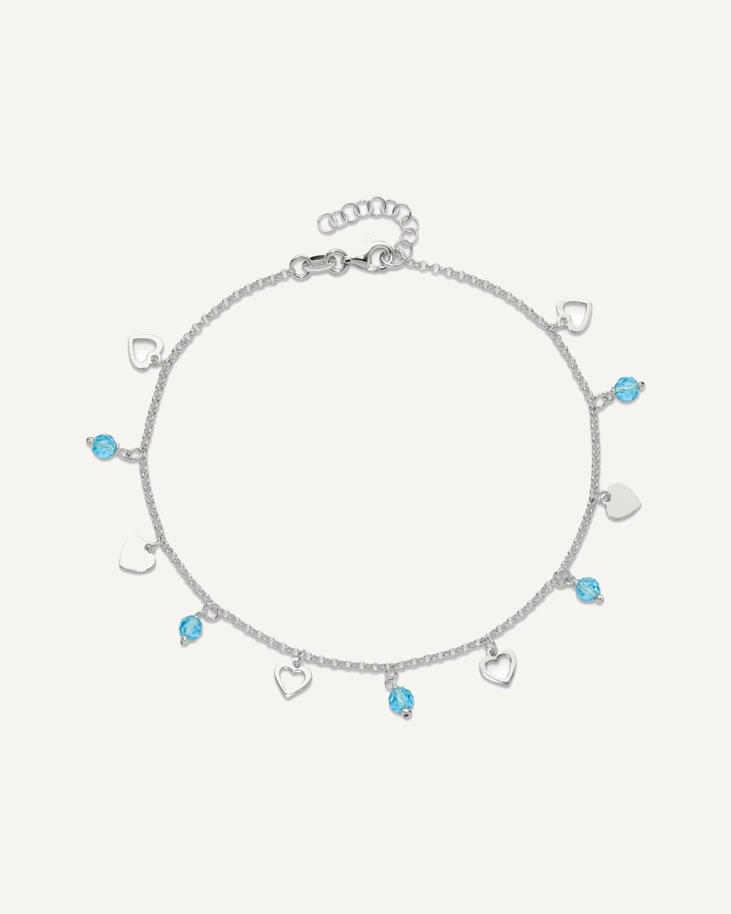 Sterling Silver Blue Glass Beads and Hearts 9 inch Plus 1 inch Extender - Total 10 inch Anklet – View 5