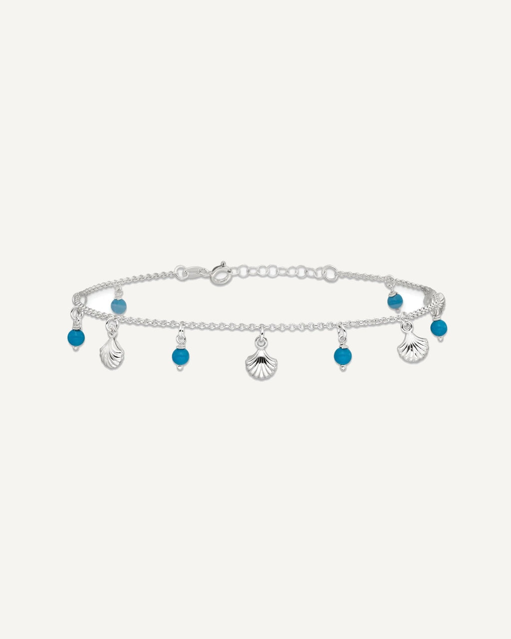 Sterling Silver Shells and Aqua Beads 9 inch Plus 1 inch Extender - Total 10 inch Anklet – View 4