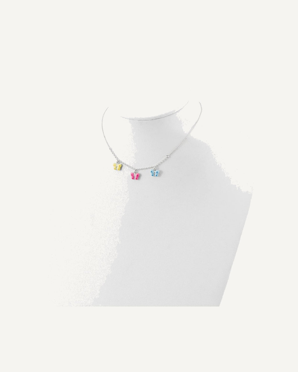 Sterling Silver Polished Yellow, Pink and Blue Enameled Three Butterfly Children's Necklace – View 3