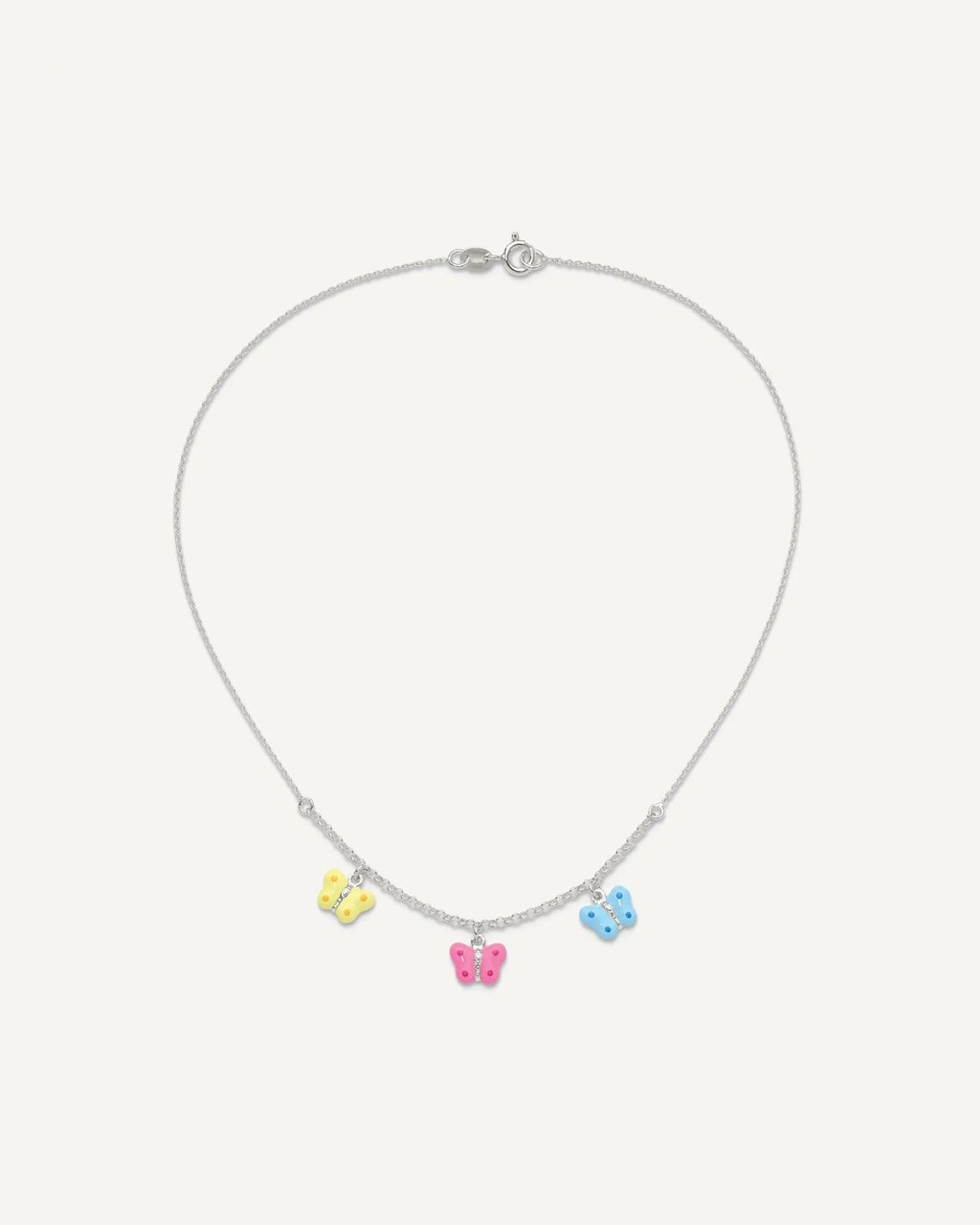 Sterling Silver Polished Yellow, Pink and Blue Enameled Three Butterfly Children's Necklace – View 4