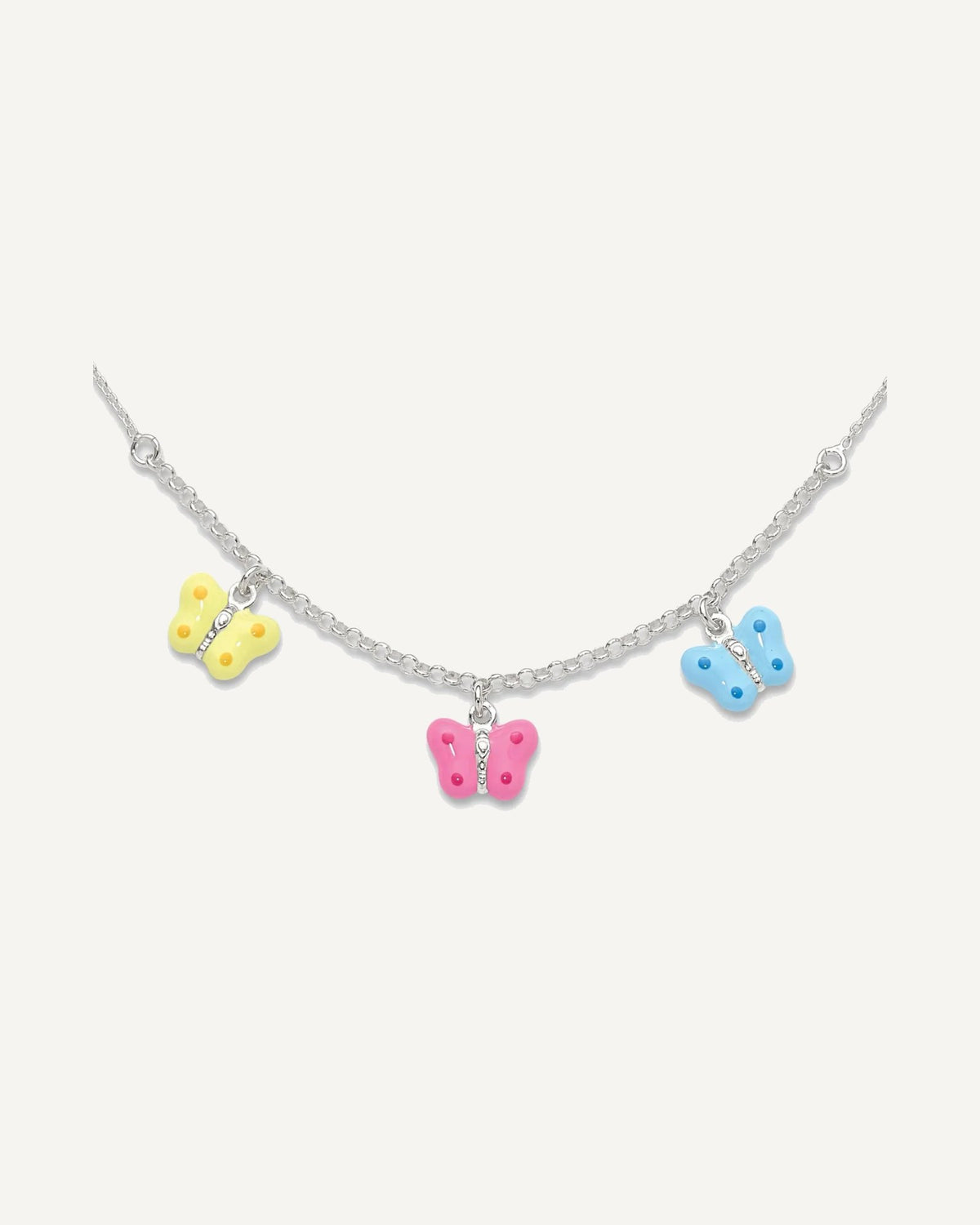 Sterling Silver Polished Yellow, Pink and Blue Enameled Three Butterfly Children's Necklace – View 1