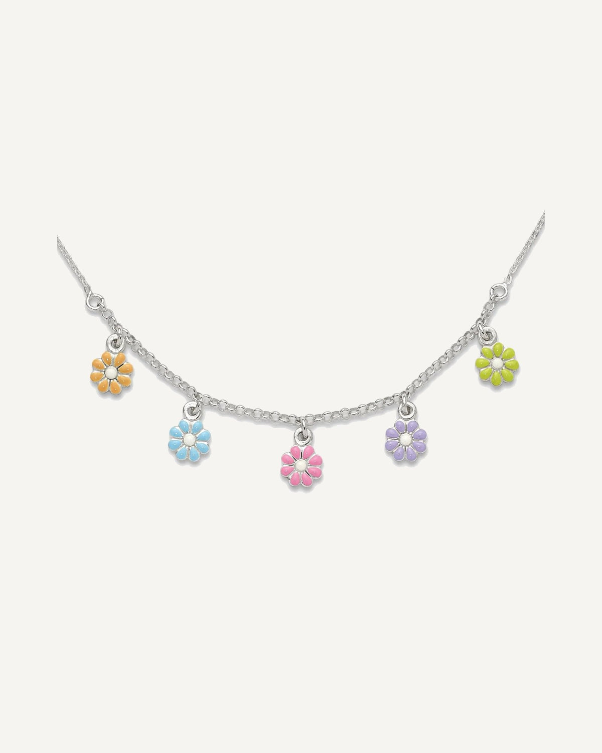 Sterling Silver Polished Multi-color Enameled Dangle Flower 14 Inch Necklace – View 1