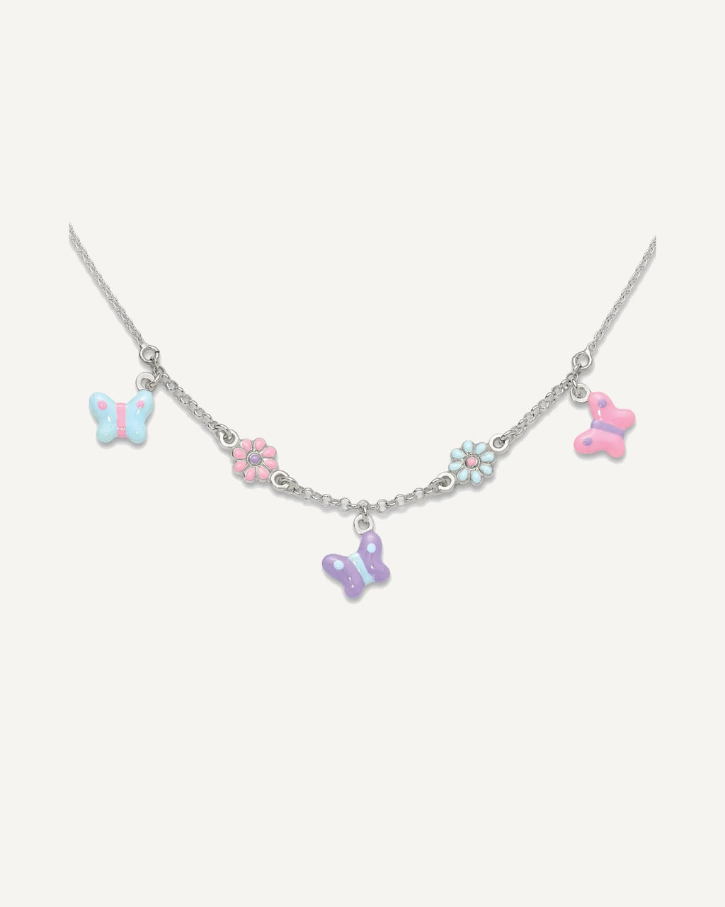 Sterling Silver Polished Multi-color Enameled Floral and Butterfly 14 Inch Necklace – View 1