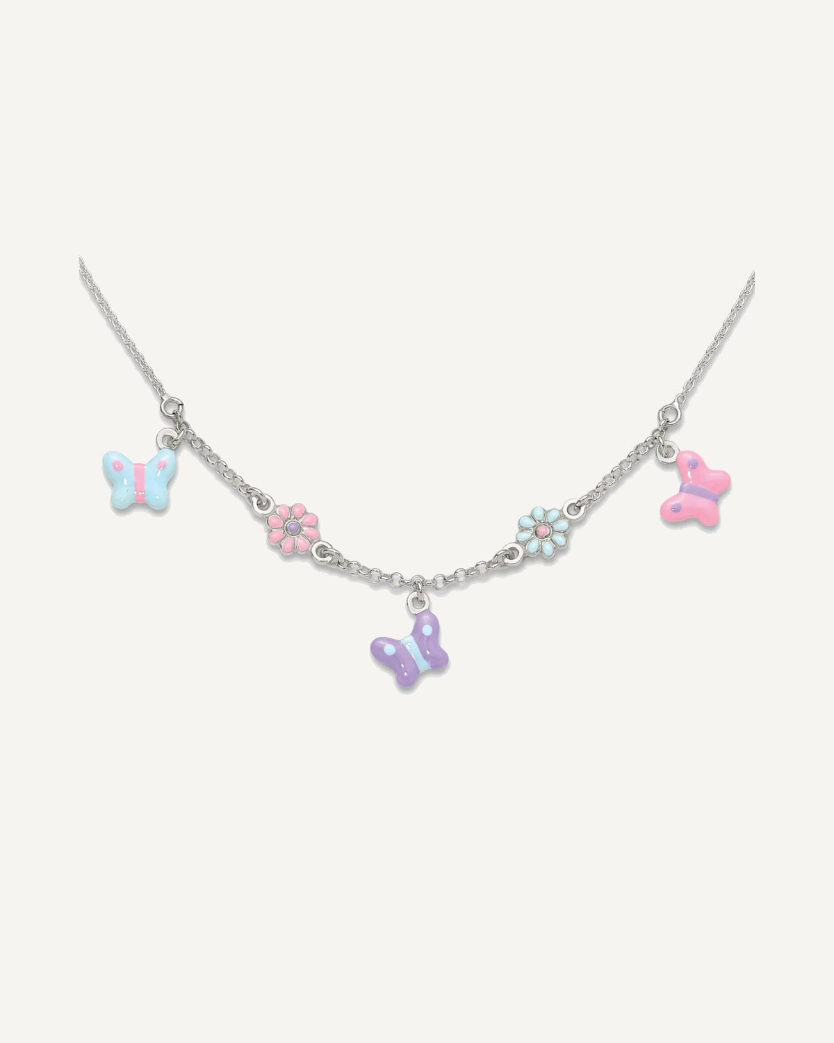 Sterling Silver Polished Multi-color Enameled Floral and Butterfly 14 Inch Necklace – View 1