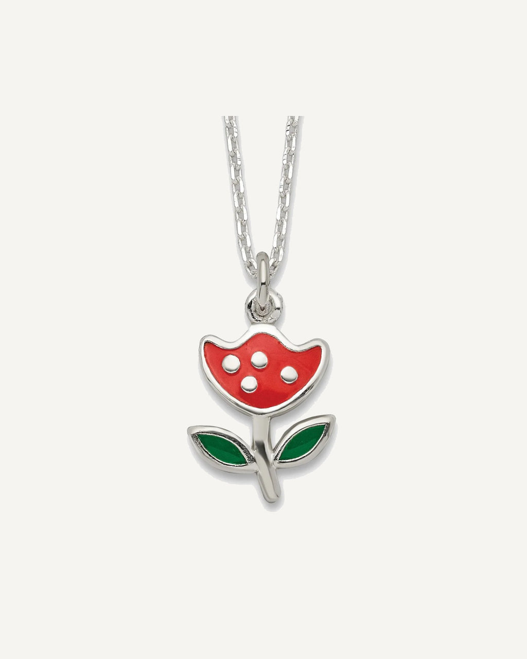 Sterling Silver Polished Red and Green Enameled Flower 14 Inch Necklace – View 1