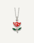 Sterling Silver Polished Red and Green Enameled Flower 14 Inch Necklace – View 1