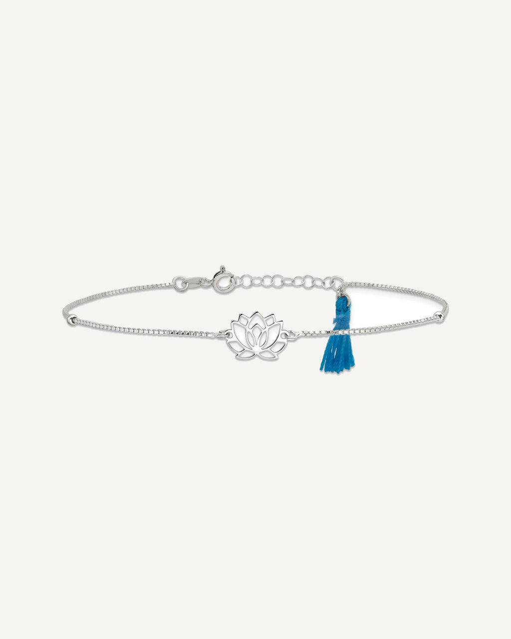 Sterling Silver Lotus with Blue Fabric Tassel 9 inch Plus 1 inch Extender - Total 10 inch Anklet – View 3