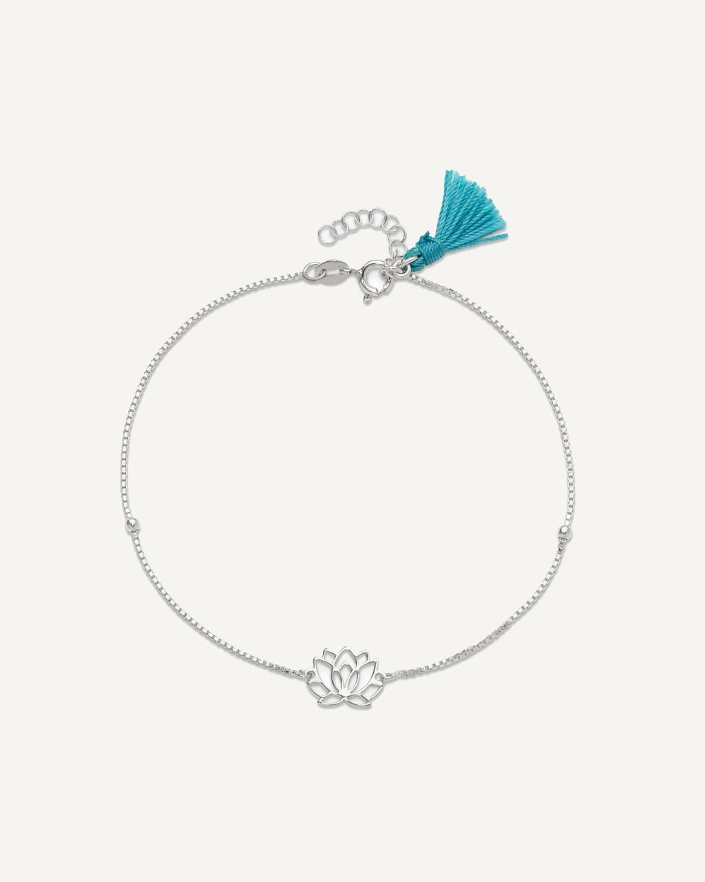 Sterling Silver Lotus with Blue Fabric Tassel 9 inch Plus 1 inch Extender - Total 10 inch Anklet – View 5