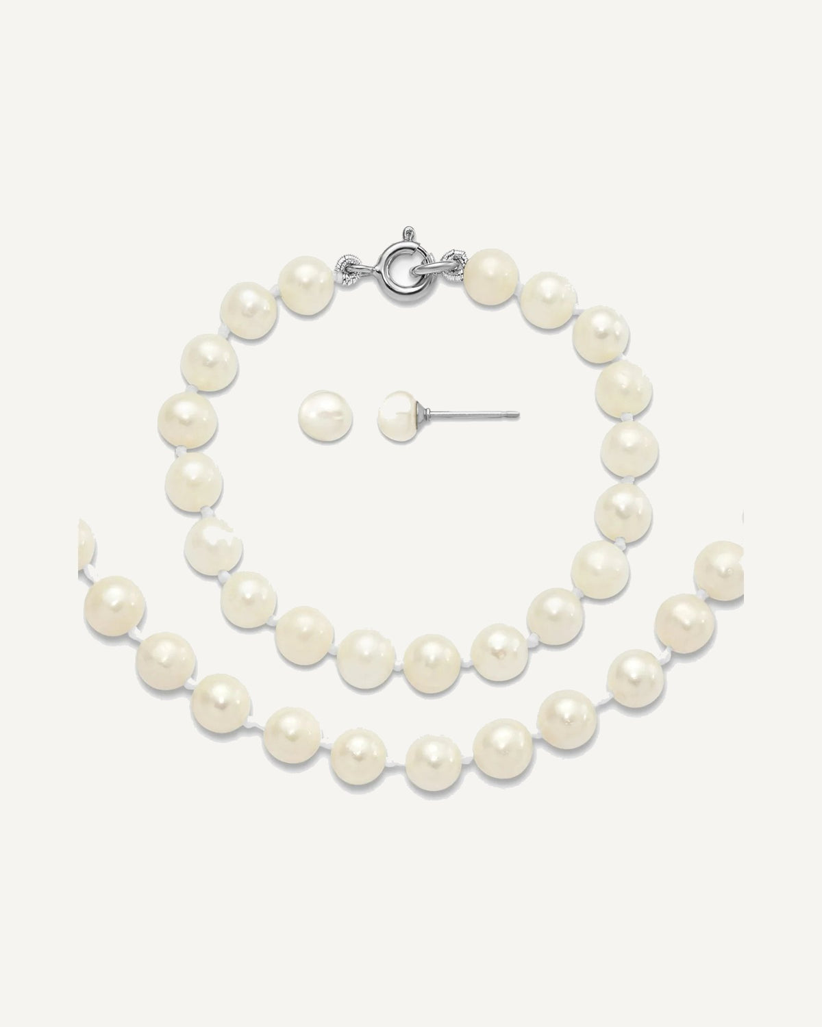 Sterling Silver Madi K Rhodium-plated 5-6mm White Semi-Round Freshwater Cultured Pearl 12 in. Necklace, 4 in. Bracelet and Button Post Earrings Set" – View 1