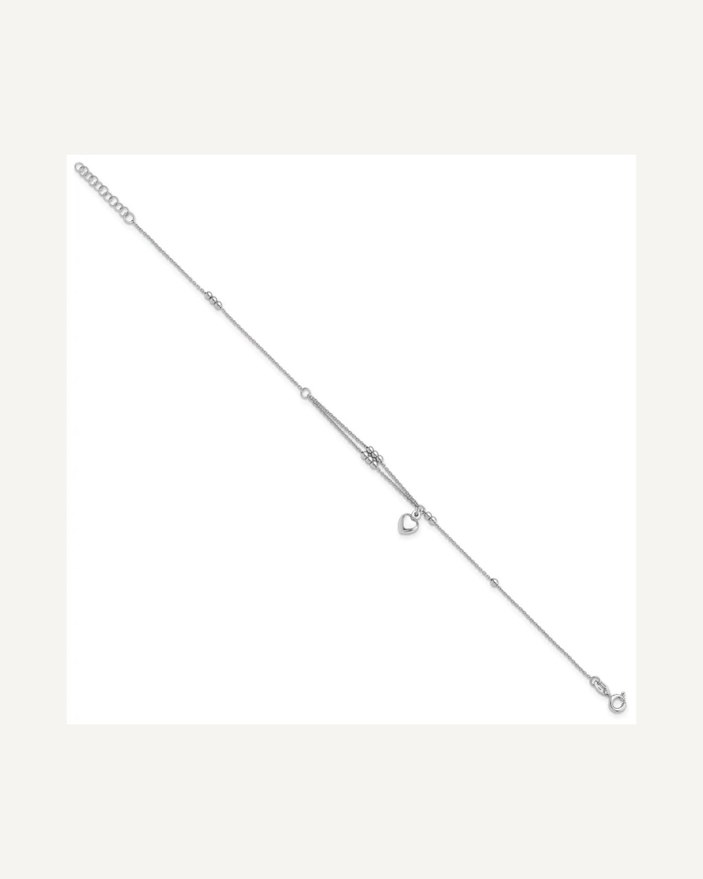 Sterling Silver Rhodium-plated Beads/Heart Dangle 9 inch Plus 1 inch Extender - Total 10 inch Anklet – View 2