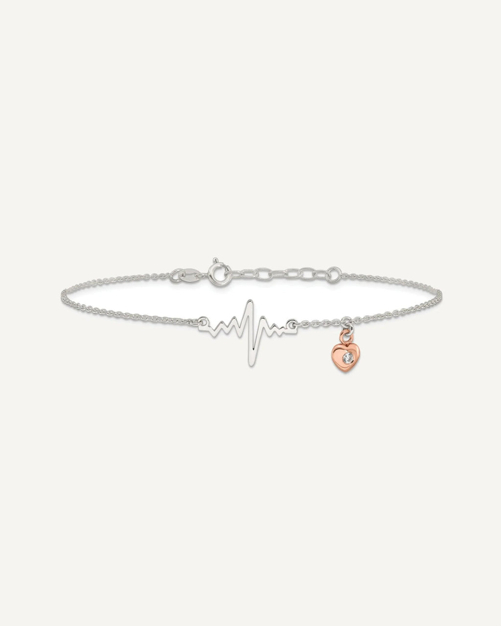 Sterling Silver Rose-tone CZ Heart and Heartbeat 9 inch Plus 1 inch Extender - Total 10 inch Anklet – View 3