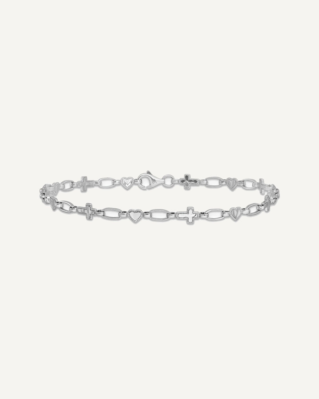 Sterling Silver Rhodium-plated 10 inch Heart and Cross Anklet – View 3